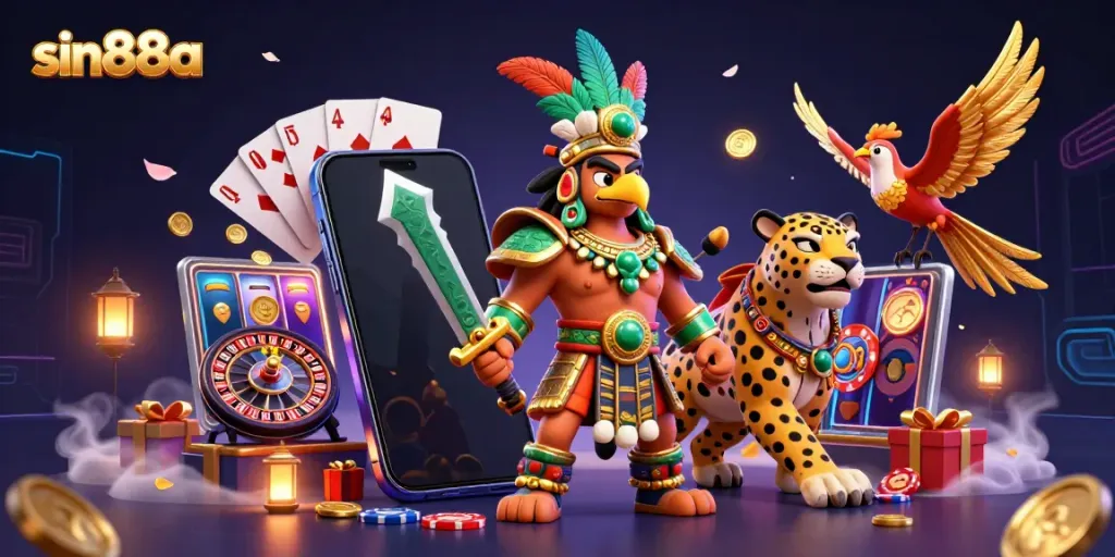 Spin the reels of excitement with sin88a, featuring an Aztec warrior and dynamic casino elements.