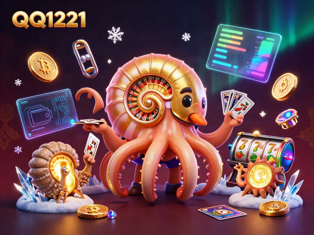 Engage with QQ1221 through a vibrant 3D casino illustration featuring an ancient nautilus and crypto elements.