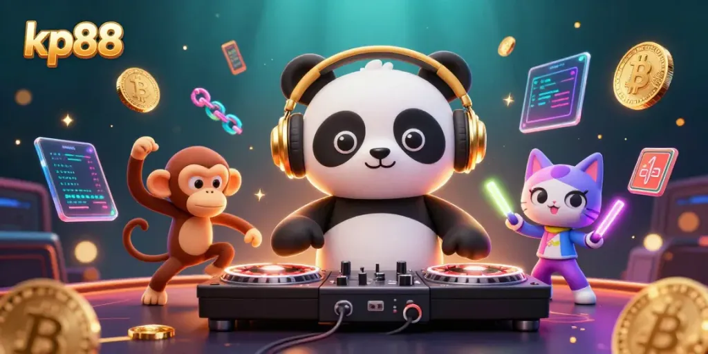 Spin and win with KP88 at the vibrant casino party featuring a DJ panda and a dancing monkey.