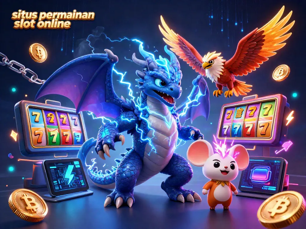 Slot permainan online yang menarik dengan simbol keberuntungan dan elemen digital.