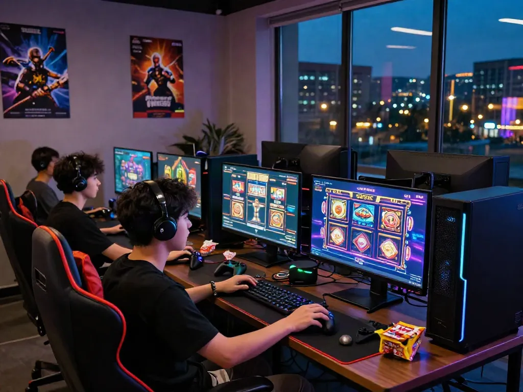 Engaging slot gaming scene highlighting a player at a vibrant gaming setup.