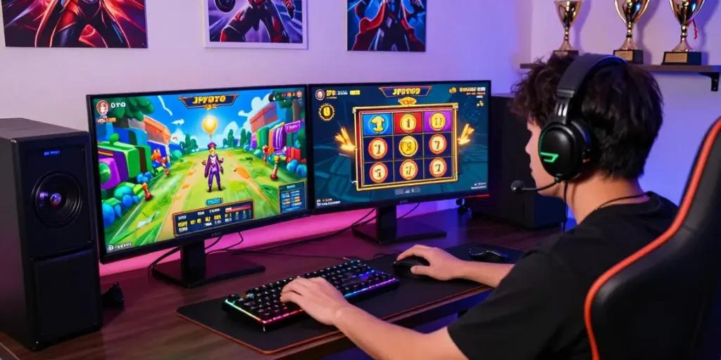 Seorang pemain JPTOTO sedang asyik bermain game jackpot online dengan monitor menampilkan grafis cerah dan peralatan gaming modern.