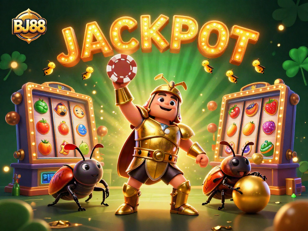 BJ88 casino scene with a victorious beetle character surrounded by slot machines and jackpot symbols.