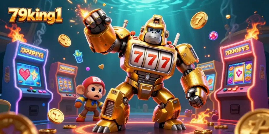 Experience thrilling gaming action with 79king1's vibrant 3D casino illustration featuring a golden gorilla mech.