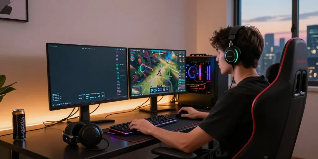 Gamer engaging with QQMacan online platform in a vibrant gaming setup.