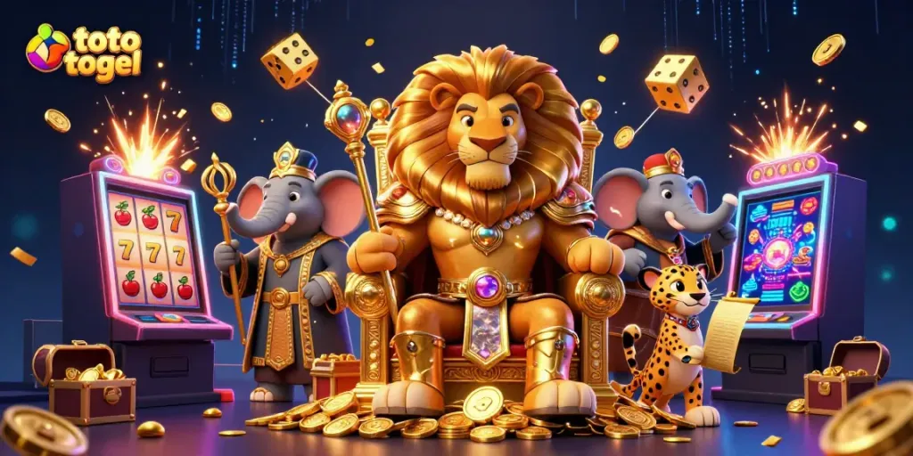 Experience the excitement of toto togel with vibrant casino elements and dynamic characters in a 3D scene.