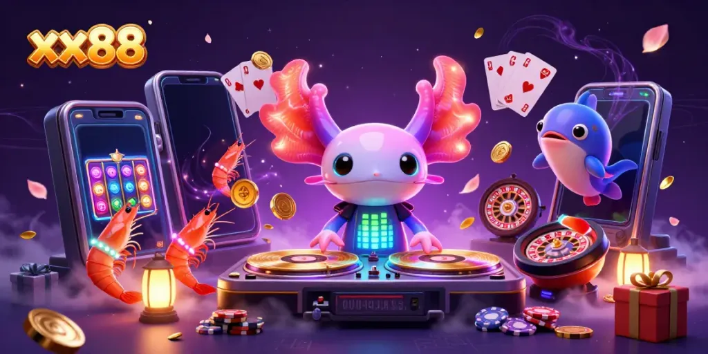 Engage with the vibrant xx88 casino atmosphere featuring a neon axolotl DJ and friends.