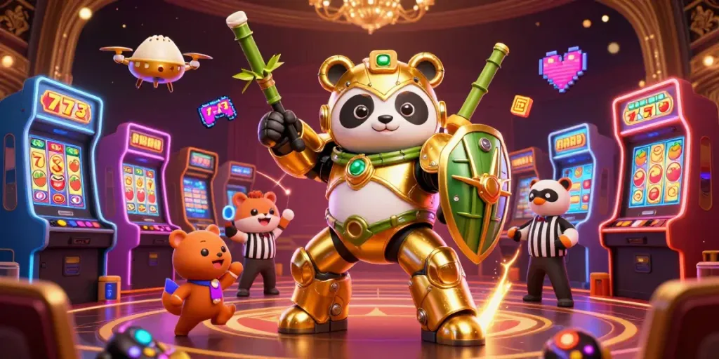 777KING offers an exciting view of vibrant casino action with a 3D mech-suit panda and fruit-themed slots.