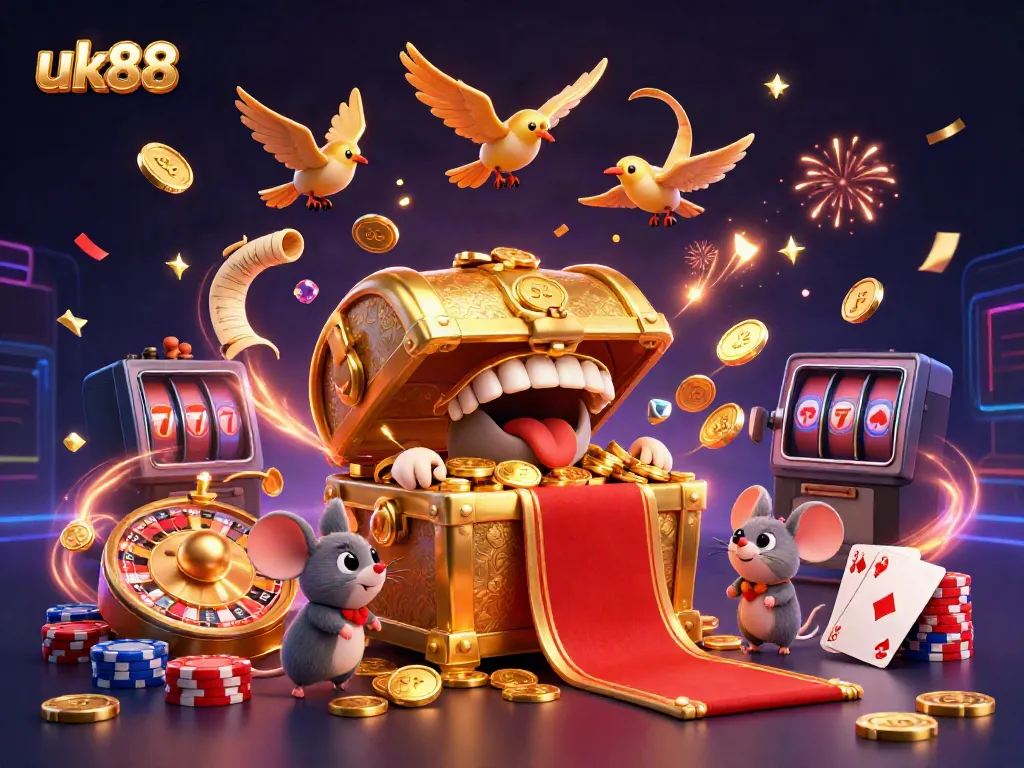 Experience thrilling wins at uk88 with this vibrant casino-themed 3D illustration full of exciting gaming elements.