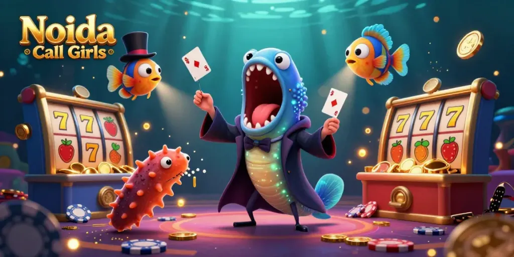 Noida Call Girls character scene with a magician eel, angler fish, and a sea cucumber, surrounded by colorful slot machines and gold coins.
