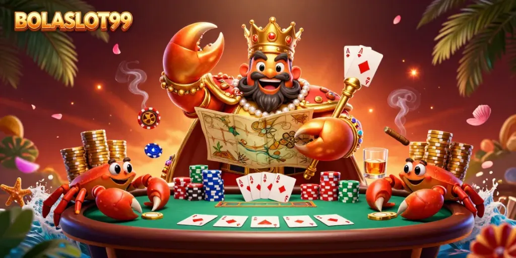 BOLASLOT99 features an epic golden crab emperor ruling over poker chips in a vibrant casino scene.
