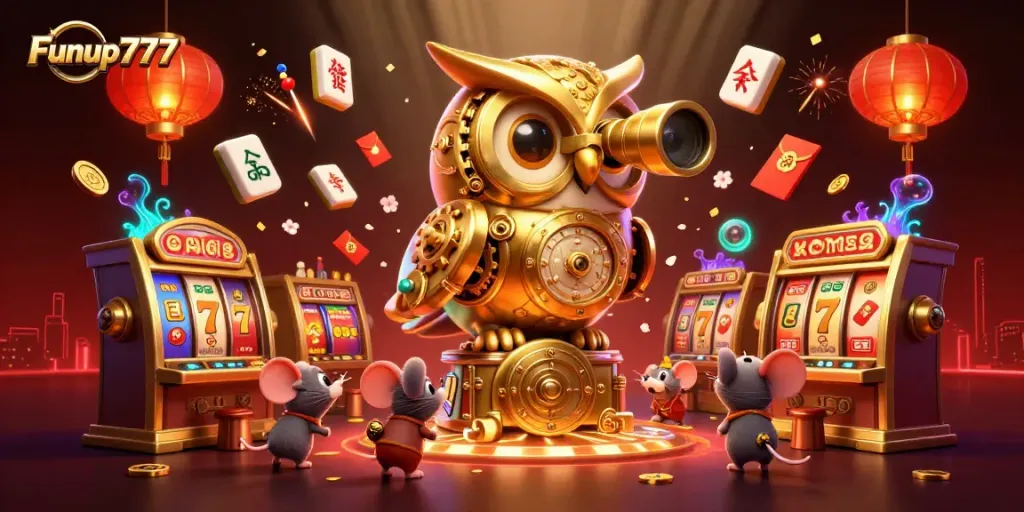 Engage with Funup777 in a vibrant online casino scene featuring animated characters and dynamic game elements.