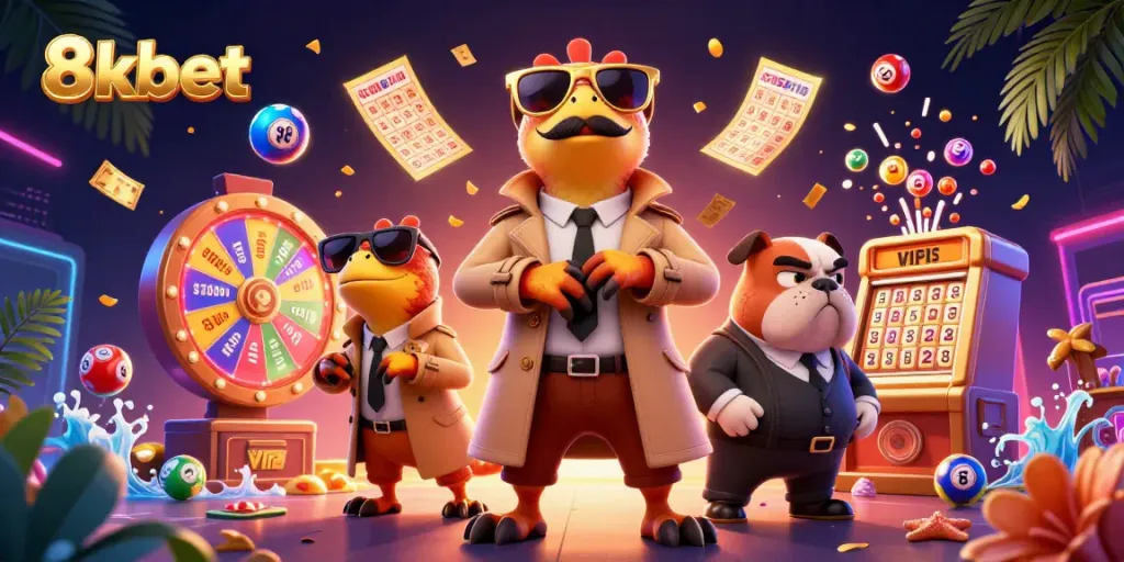 Experience dynamic fun with 8xbet: three raptors and a bulldog bouncer in a lively casino scene.