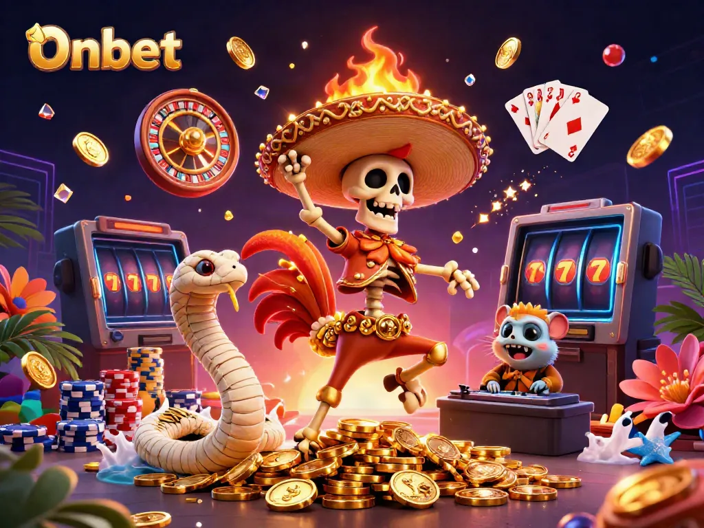 Experience Onbet's vibrant casino scene with a mariachi rooster, mummy snake, and zombie DJ.