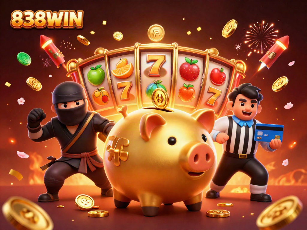 Experience the excitement with 838WIN, featuring a golden piggy bank sumo wrestler surrounded by dynamic casino elements.
