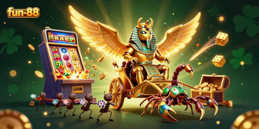 Experience fun-88 with engaging slot machines, rich illustrations, and colorful casino elements in a 3D scene.