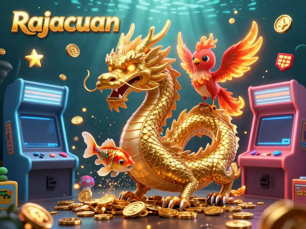 Permainan slot seru di Rajacuan, menampilkan naga emas dan ikan koi melompat di atas koin.