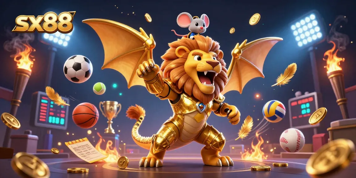 SX88 roars to victory with a golden chimera creature surrounded by flying sports elements, thrilling gamblers.