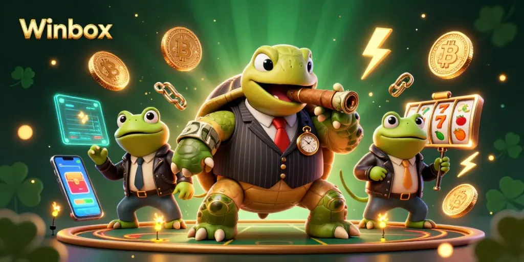 Engage with Winbox's thrilling casino world, featuring a snapping turtle in a mobster suit and vibrant slots.