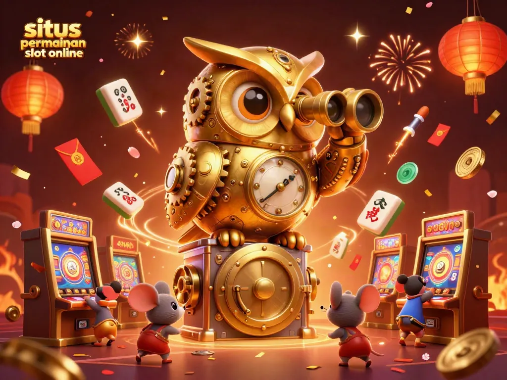 Slot permainan online dengan pemain mesin slot dan simbol keberuntungan di kasino.