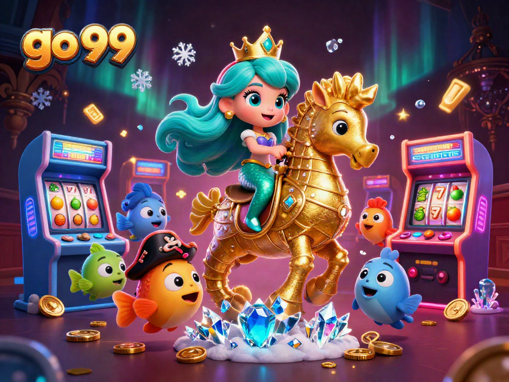 Spin to win with go 99 in this vibrant casino scene featuring animated mermaids and gold coins.