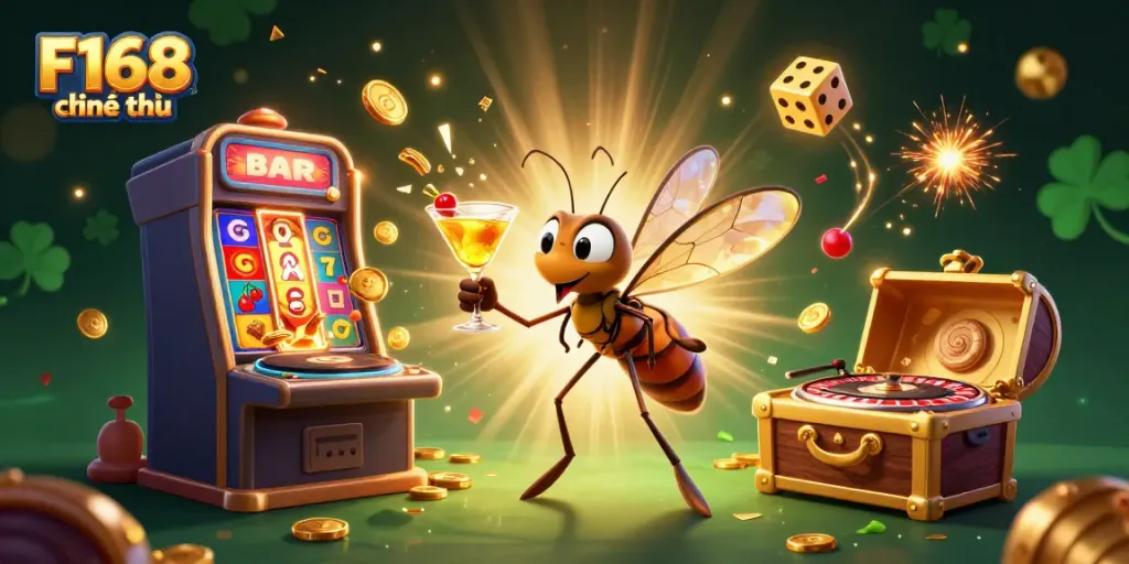 Engaging illustration of F168 chính thức, featuring a lively casino scene with mascots and jackpot symbols.