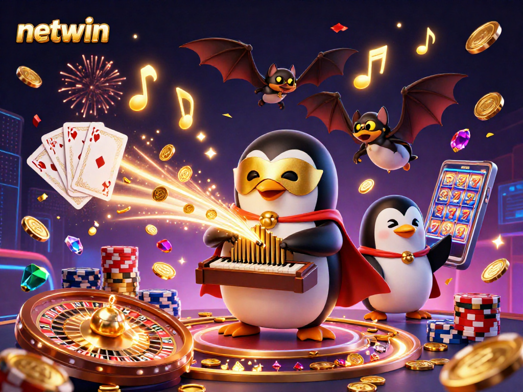 Experience the thrill of netwin with a penguin organist, golden coins, and vibrant casino elements.