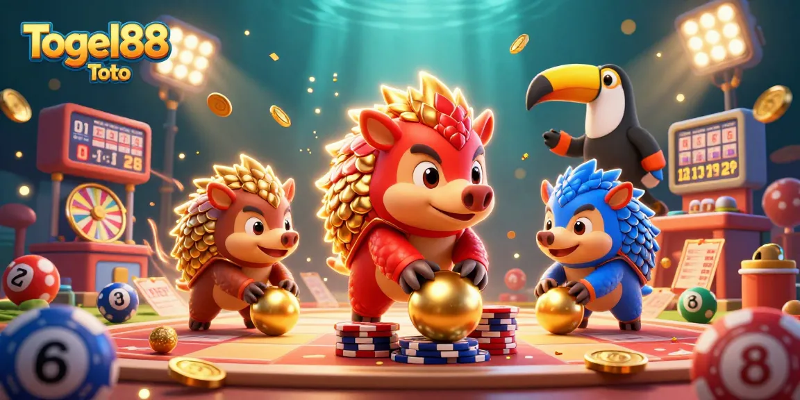 Engage with Togel88 Toto lottery excitement as colorful pangolins roll gold balls amid animated bingo and lottery scenes.