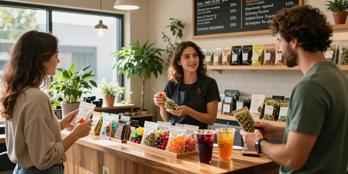 Buy Weed Edibles Online Europe featuring colorful cannabis-infused gummies and chocolates in a welcoming dispensary.