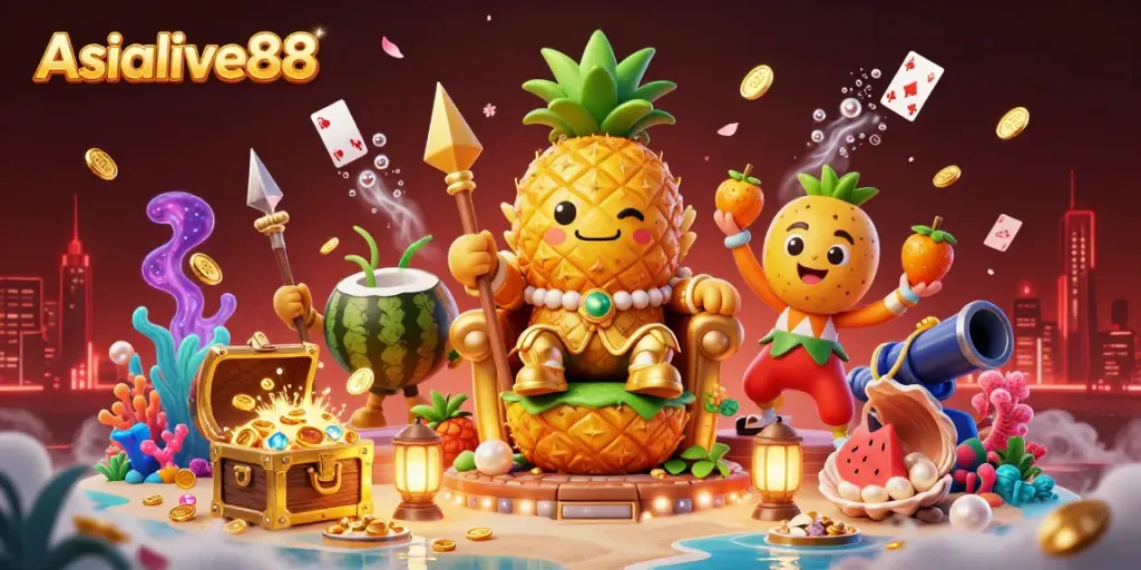 Experience Asialive88's vibrant casino scene with a golden pineapple king, treasure chests, and playing cards.