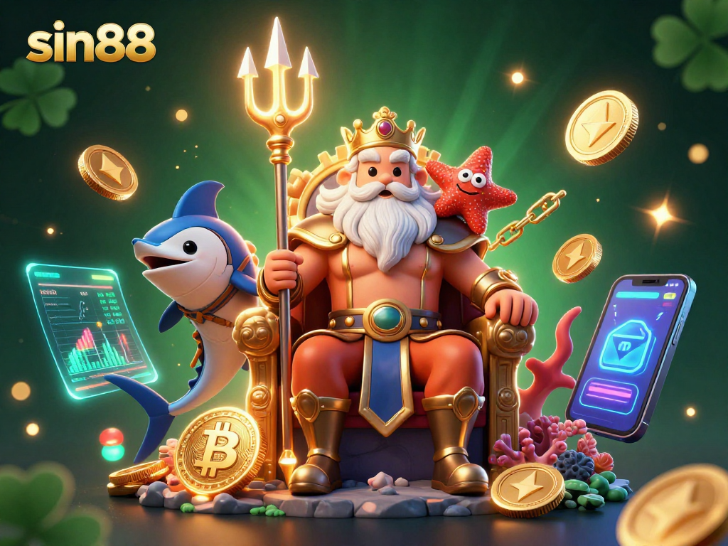 Win big with sin88 in this vibrant 3D casino illustration showcasing exciting crypto elements.