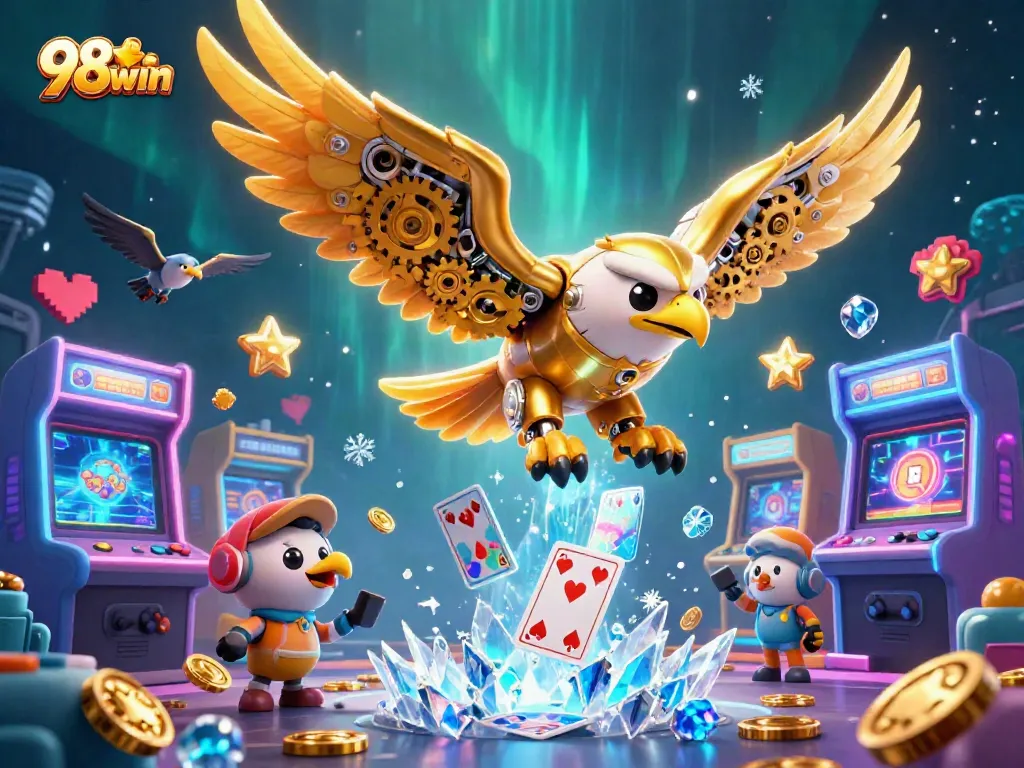 Experience the thrill of 98win gaming with a dynamic scene of a cybernetic eagle and holographic cards.