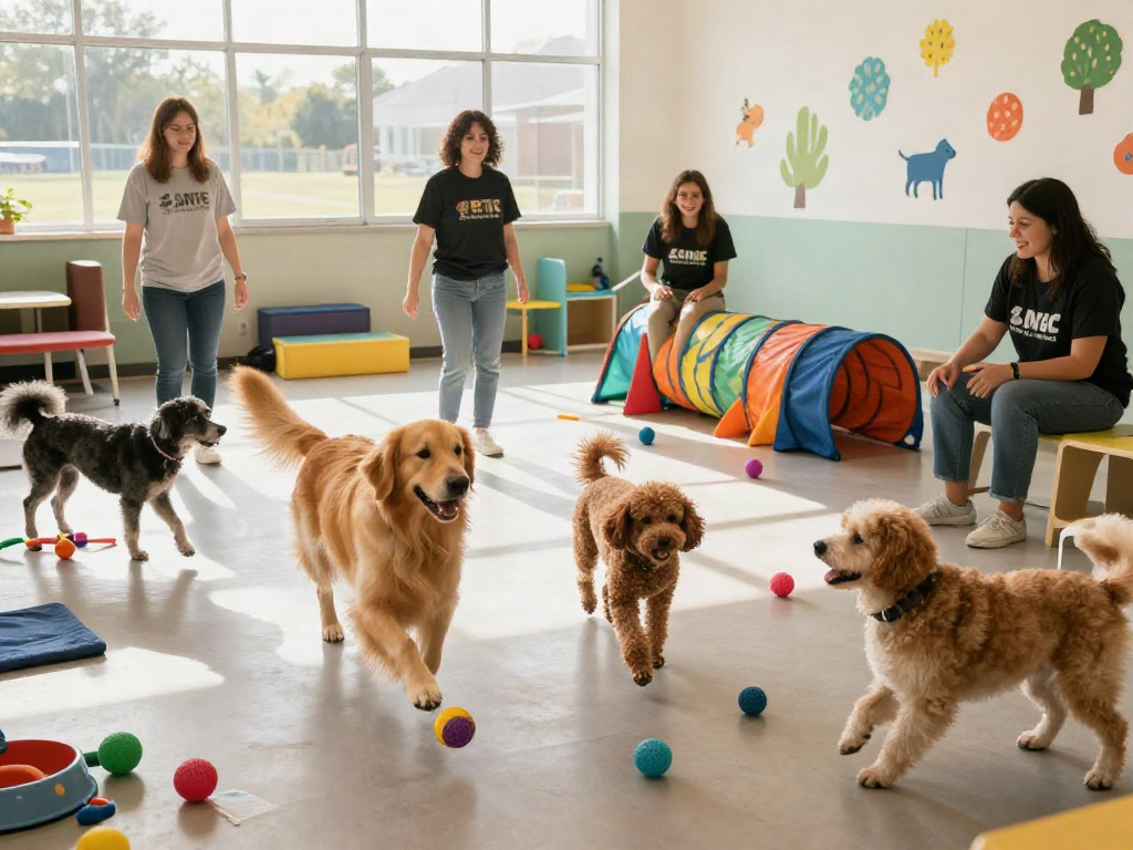 Happy dogs playing in a vibrant daycare scene emphasizing slot 10k benefits.