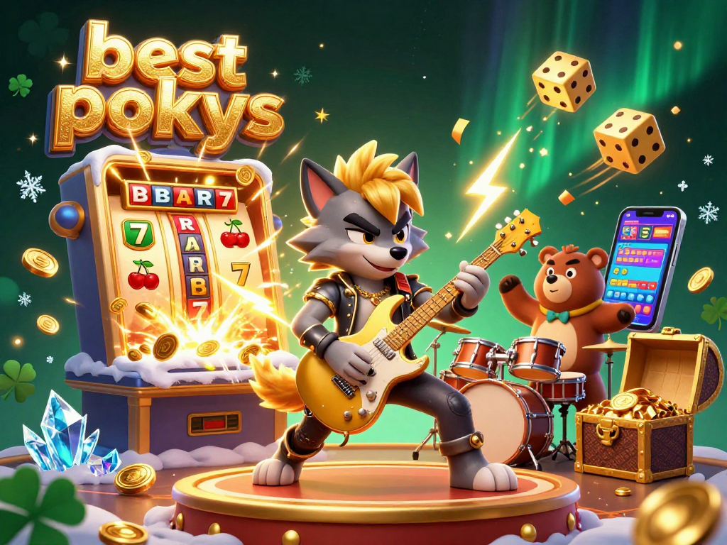 Experience the thrill of the best online pokies with dynamic characters and vibrant casino elements amidst an electrifying scene.