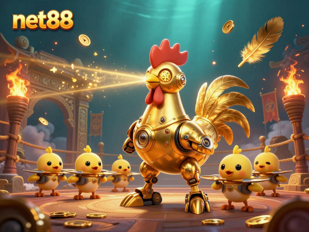 Experience the thrill of net88 with a golden rooster robot in a dynamic casino arena.