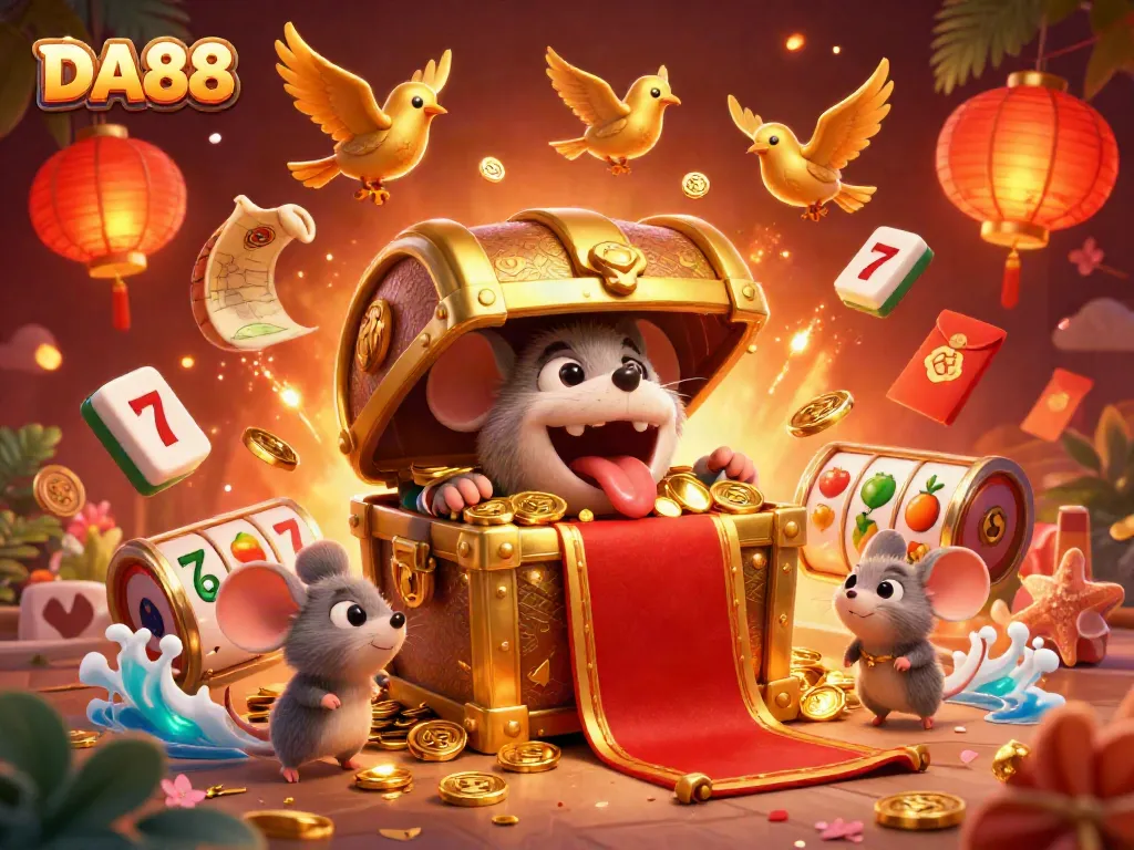 Capture the vibrant excitement of DA88 slots with a golden treasure chest mimic and casino symbols.