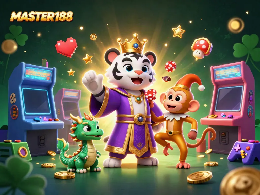 Experience thrilling gaming at MASTER188 with a lively scene featuring enchanting characters and vibrant casino elements.