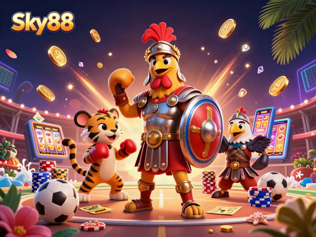 Engaging Sky88 scene showcasing a gladiator rooster in a sports themed betting arena amidst golden coins, lively action, and dynamic elements.