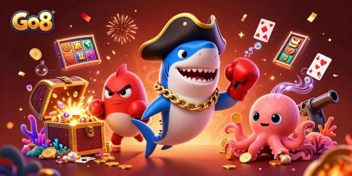 Experience thrilling wins with Go8 as animated characters celebrate in a vibrant casino scene.