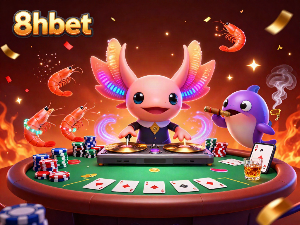 Experience thrilling gameplay at 8xbet with a vibrant casino scene featuring animated characters and poker elements.