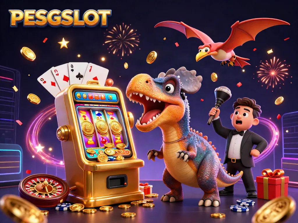PESGSLOT illustration of a pachycephalosaurus winning jackpot coins from a golden slot machine in a vibrant casino scene.