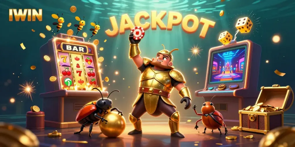 IWIN showcases a thrilling 3D casino scene with a heroic beetle and dynamic slot elements.