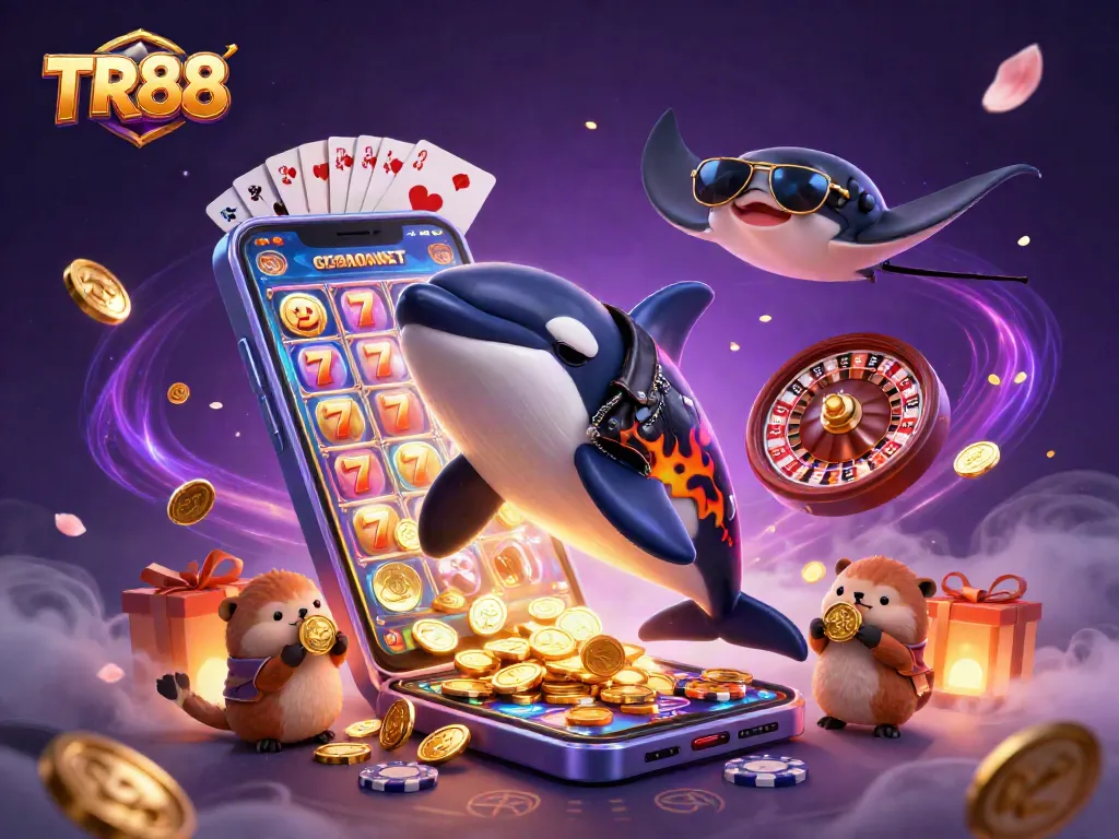 Engage in thrilling gameplay with TR88 as cartoon characters interact with slots and casino elements.
