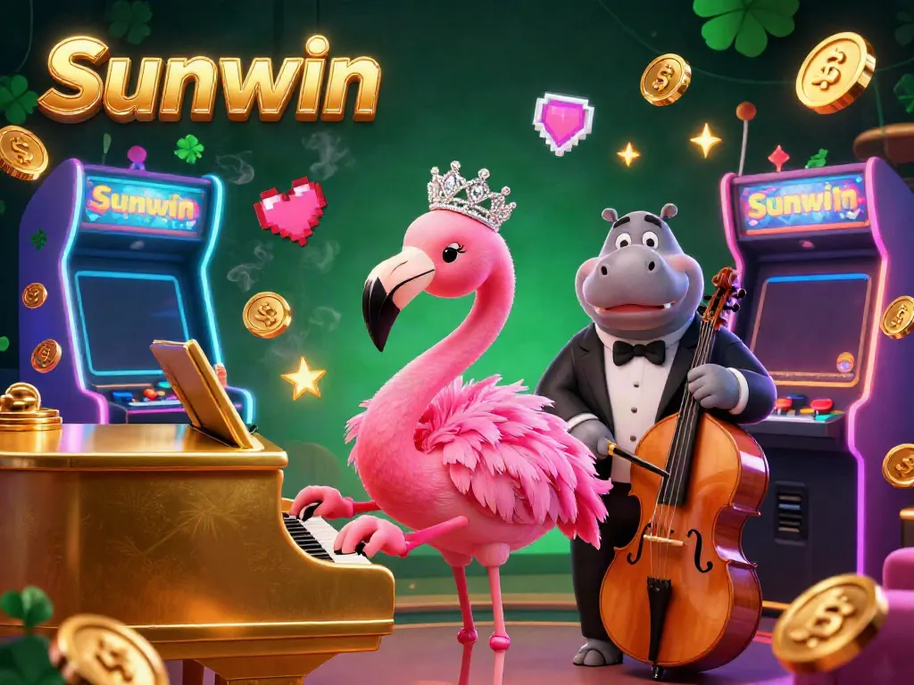 Experience the excitement of Sunwin with a vibrant casino scene featuring charismatic characters and gaming elements.