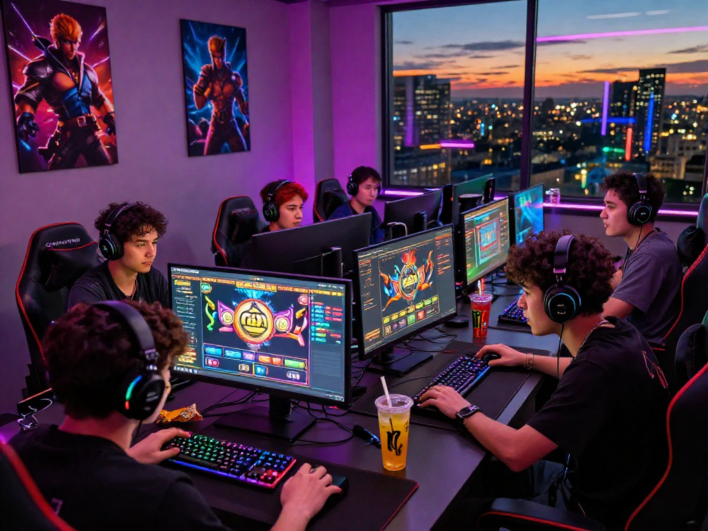 Engaged gamers exploring slot gacor games in a vibrant gaming room