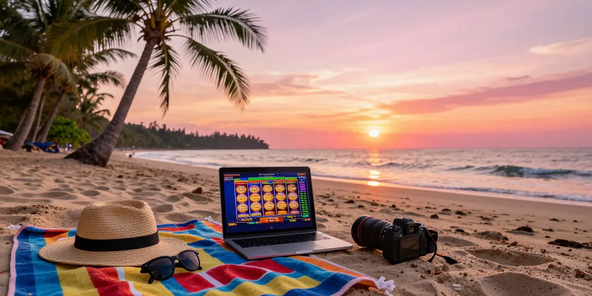 Menikmati permainan slot thailand di pantai tropis saat matahari terbenam, suasana santai.