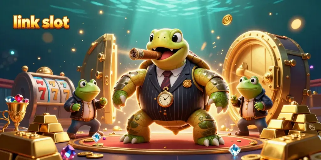 Engaging scene with cartoon turtle, bullfrog enforcers near sparkling link slot, showcasing iconic casino elements.