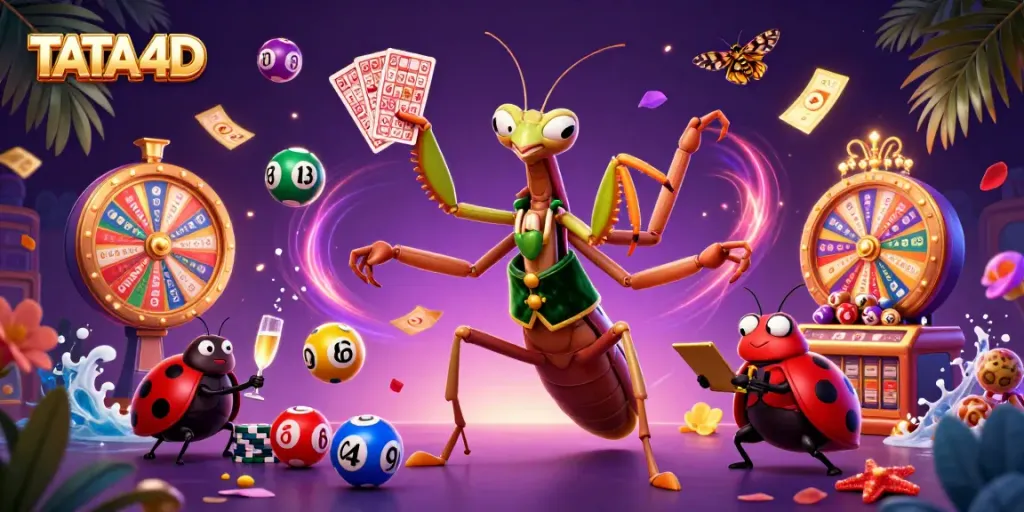 TATA4D inspires dynamic gameplay with a giant praying mantis card sharp, ladybug pit boss, and vibrant lottery elements