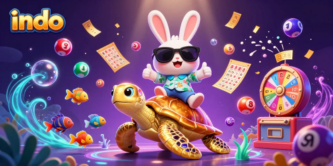 Indo game promo with lucky rabbit and turtle amidst colorful lottery balls and prizes.