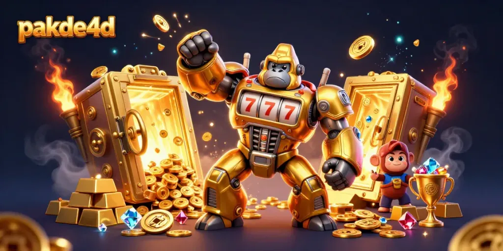 Engage with pakde4d's vibrant gaming scene featuring a golden gorilla mech amid treasures and casino elements.